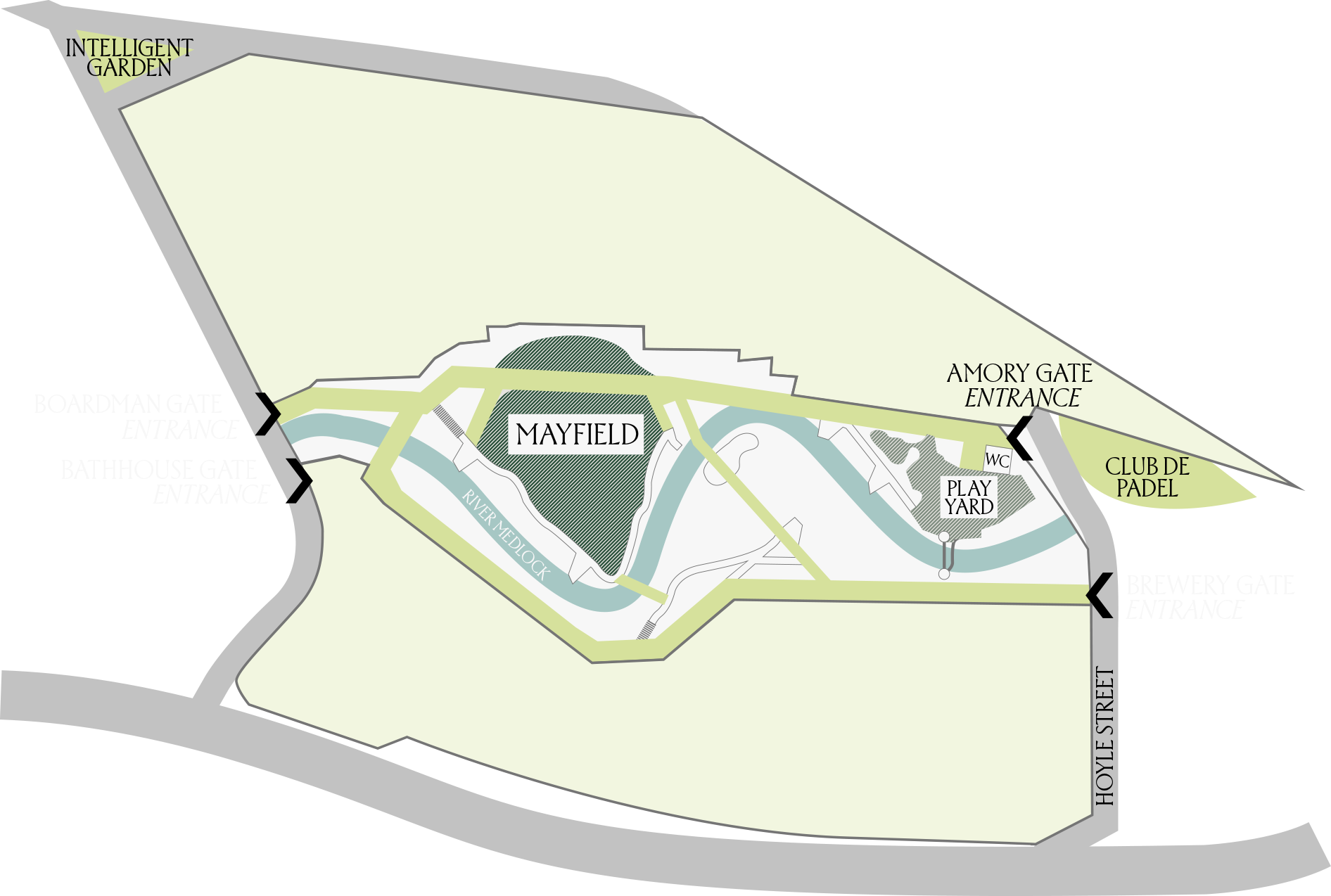 Map of Mayfield Park showing the entrances, play yard, Intelligent Garden and Club de Padel